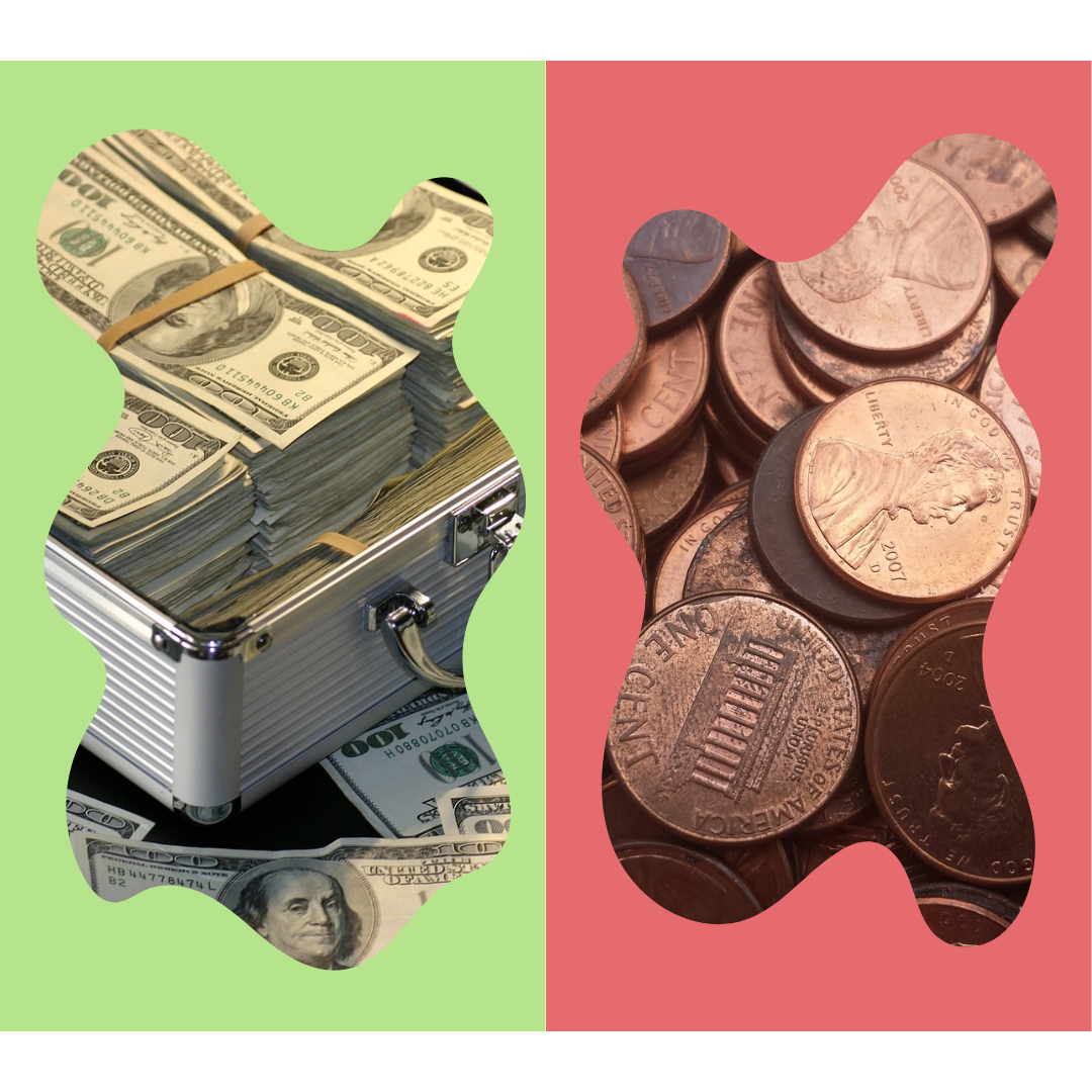 A jigsaw-puzzle image split in two: a briefcase of cash on a green background, and a pile of pennies on a red background